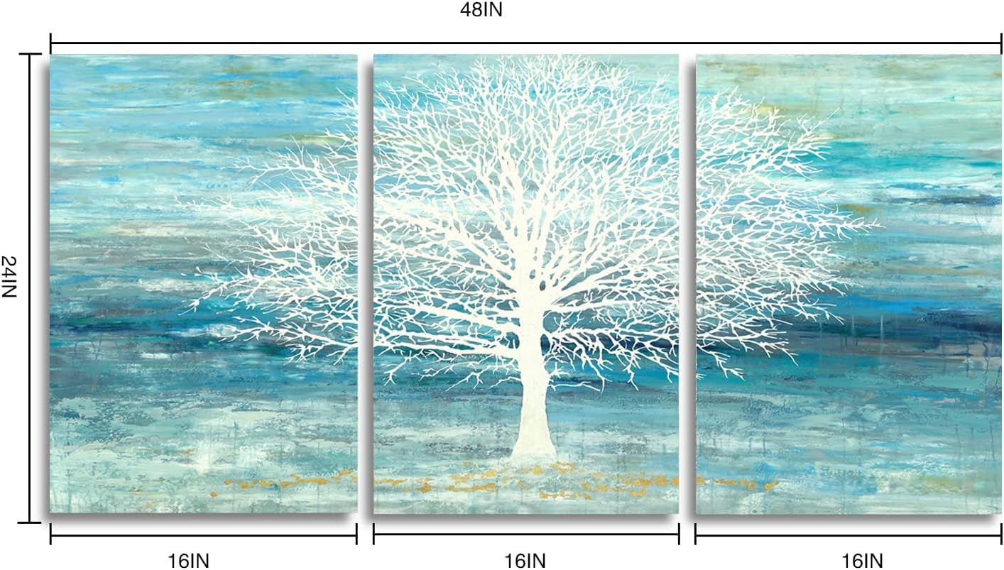 Teal and Blue Canvas Wall Art - White Tree Paintings with Gold Foil - 3 Pieces Landscape Pictures for Living Room Bedroom Bathroom Decor