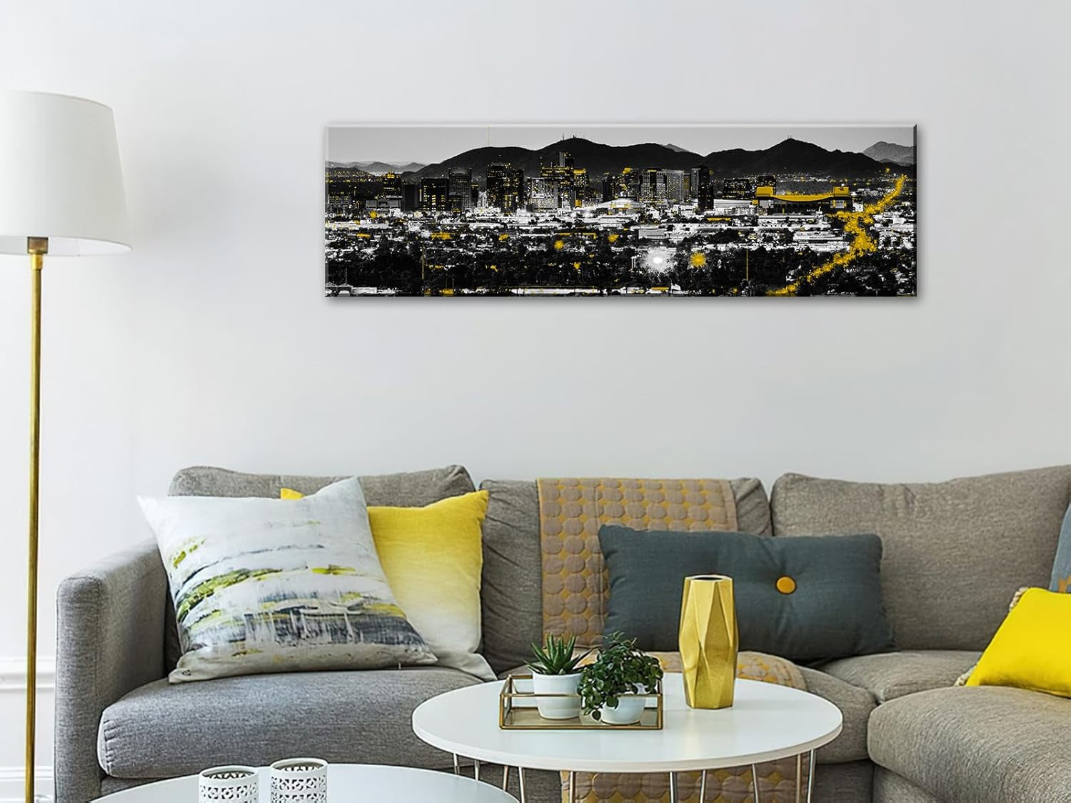 Phoenix Skyline Canvas Wall Art - Framed Arizona Cityscape Landscape (14X48 Inch) Black and White Yellow Modern Home Decor for Living Room, Bedroom, Office