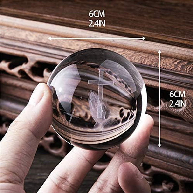 3D Cross Crystal Ball Paperweight Full Sphere Glass Fengshui with Woonden Base Praying Religious Gifts for Women Christian Home Decorations (60Mm)