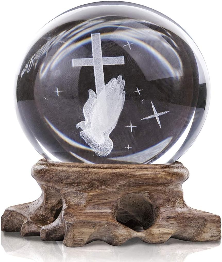 3D Cross Crystal Ball Paperweight Full Sphere Glass Fengshui with Woonden Base Praying Religious Gifts for Women Christian Home Decorations (60Mm)