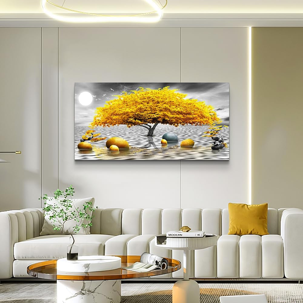 Wall Decorations for Living Room Canvas Wall Art for Bedroom Abstract Wall Decor Black and White Canvas Art Yellow Tree Paintings Bathroom Home Decoration Hang Pictures Office Large Wall Artworks