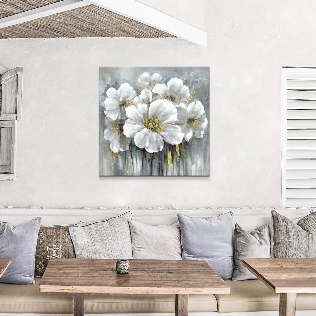Large Flower Canvas Wall Art - Abstract Floral Painting White Blooming Floral Pictures Artwork Prints for Living Room Bedroom Home Office