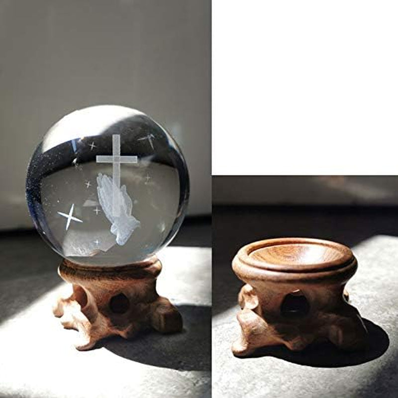 3D Cross Crystal Ball Paperweight Full Sphere Glass Fengshui with Woonden Base Praying Religious Gifts for Women Christian Home Decorations (60Mm)