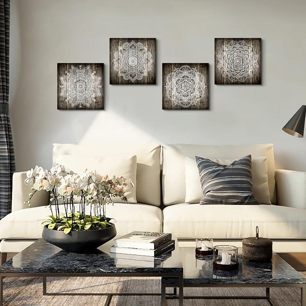 Canvas Wall Art for Bedroom Wall Decor for Living Room Black and White Abstract Paintings Modern 4 Piece Framed Retro Pattern Canvas Art Bathroom Prints Ready to Hang Pictures for Home Decorations