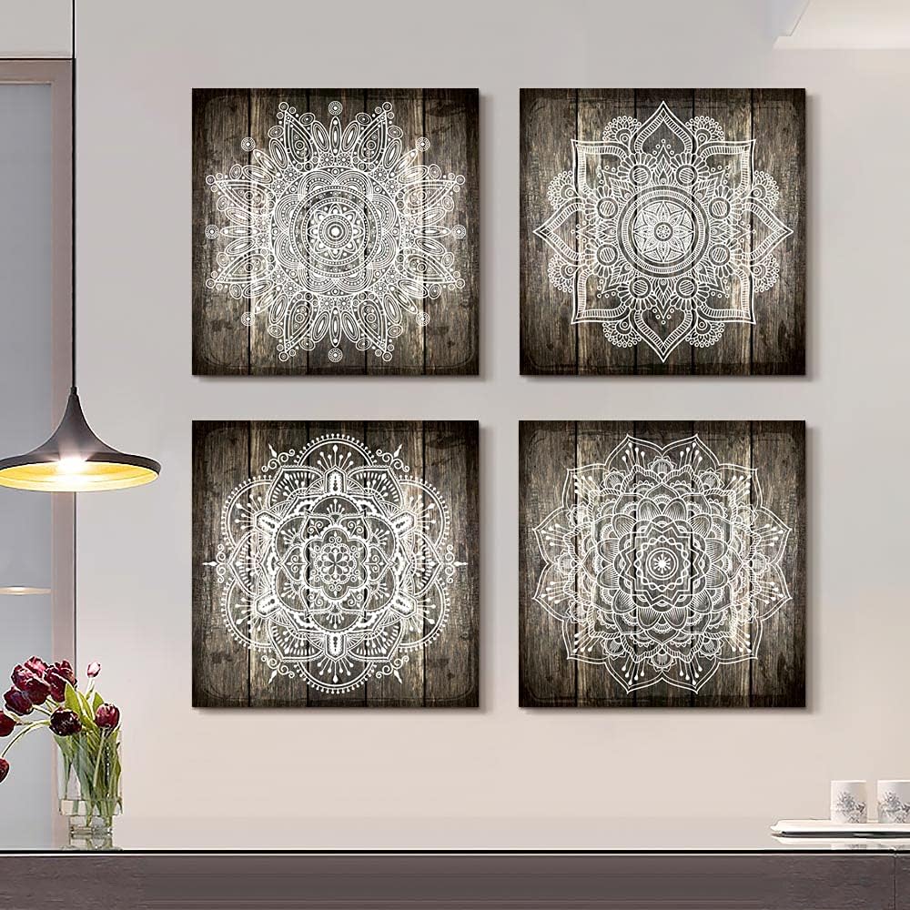 Canvas Wall Art for Bedroom Wall Decor for Living Room Black and White Abstract Paintings Modern 4 Piece Framed Retro Pattern Canvas Art Bathroom Prints Ready to Hang Pictures for Home Decorations