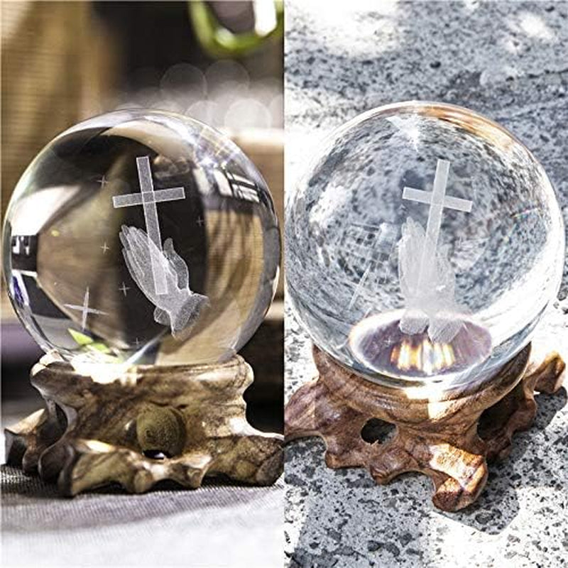 3D Cross Crystal Ball Paperweight Full Sphere Glass Fengshui with Woonden Base Praying Religious Gifts for Women Christian Home Decorations (60Mm)