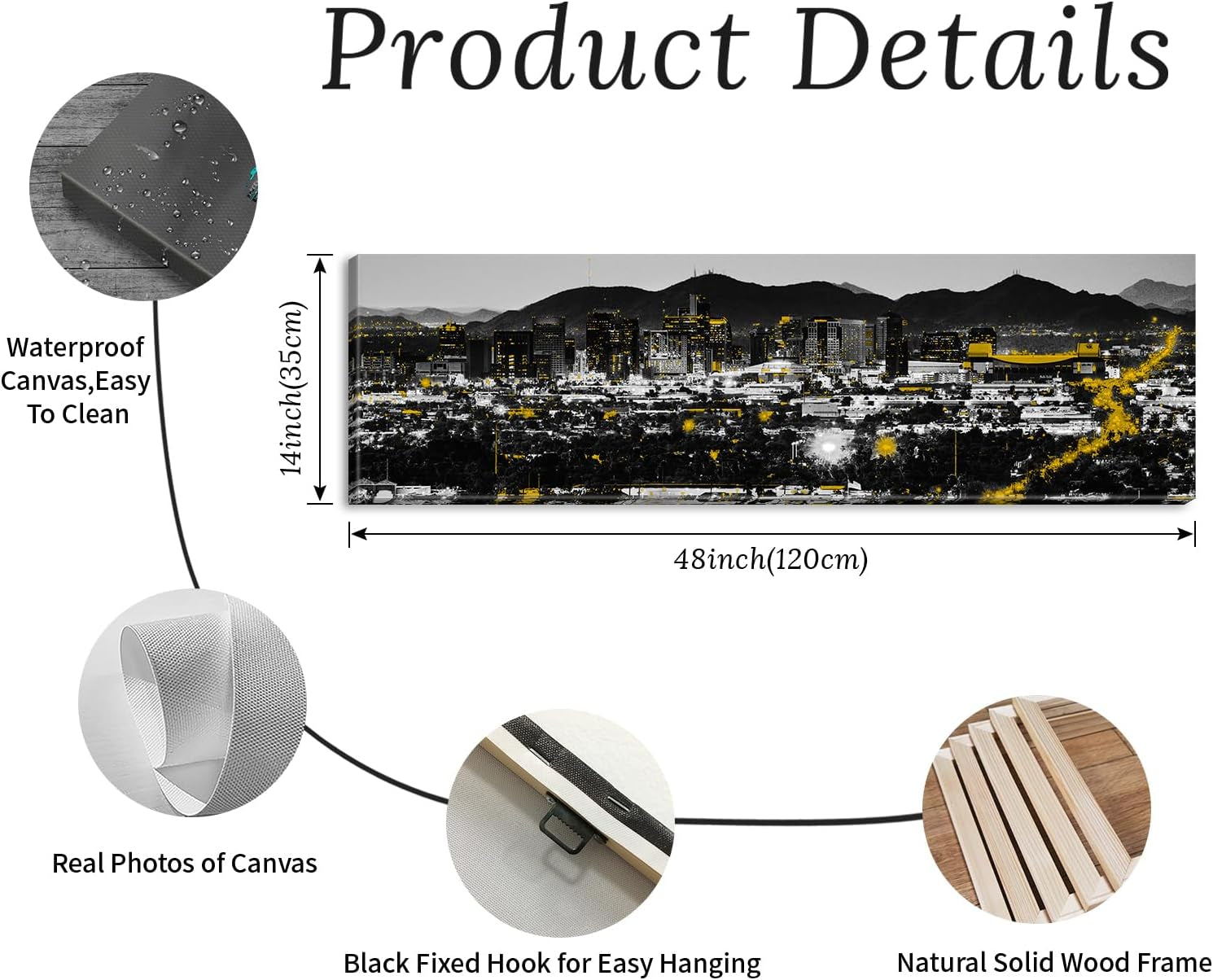 Phoenix Skyline Canvas Wall Art - Framed Arizona Cityscape Landscape (14X48 Inch) Black and White Yellow Modern Home Decor for Living Room, Bedroom, Office