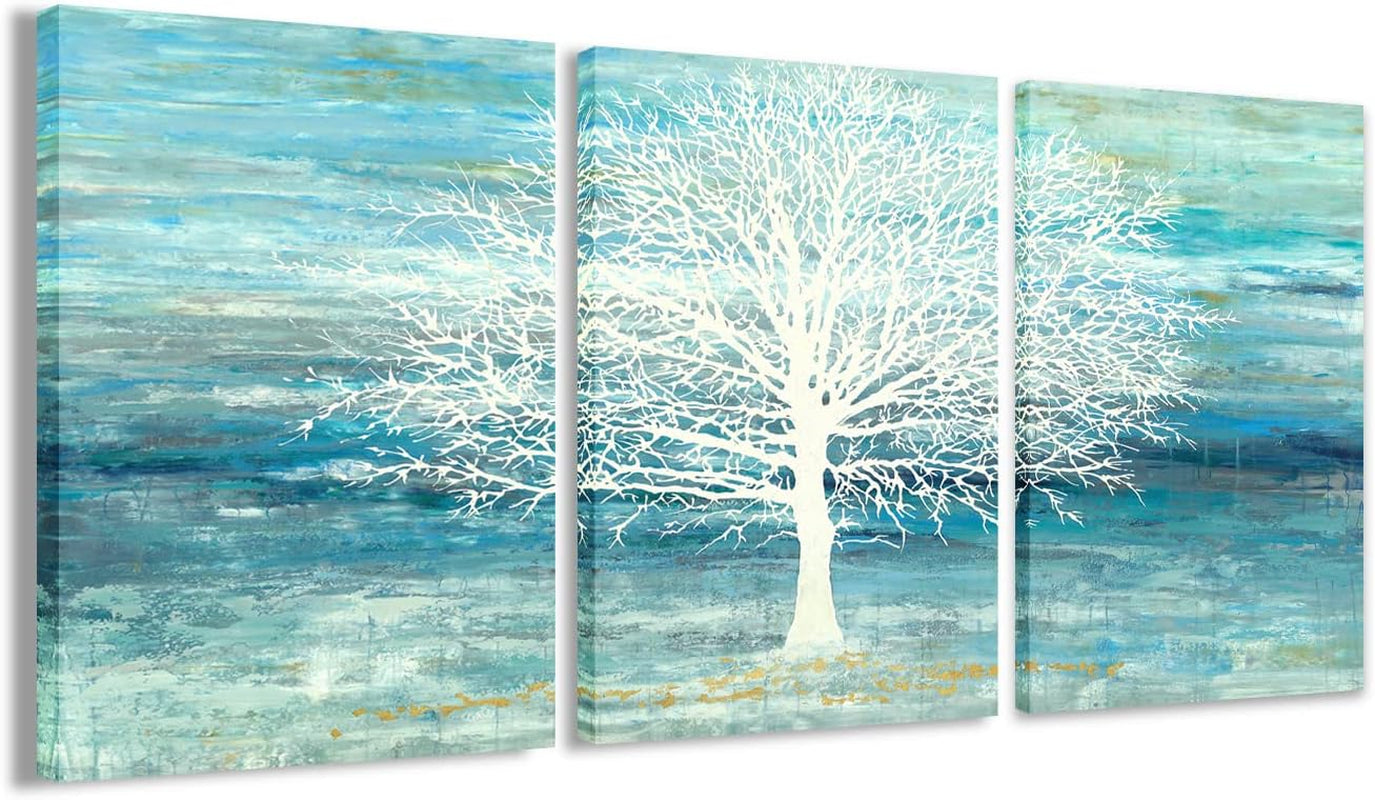Teal and Blue Canvas Wall Art - White Tree Paintings with Gold Foil - 3 Pieces Landscape Pictures for Living Room Bedroom Bathroom Decor