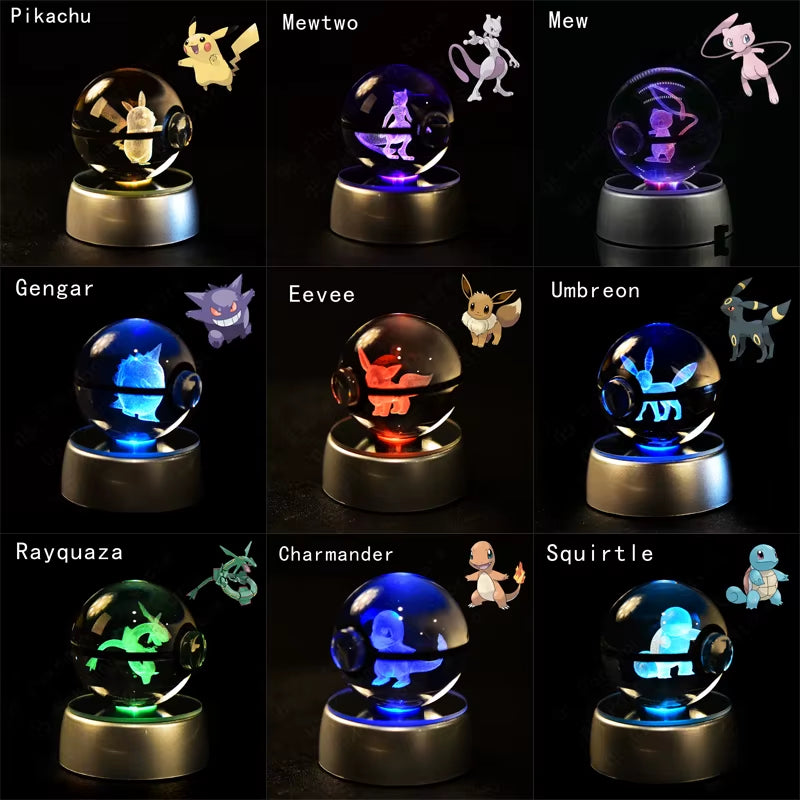 Pokemon Crystal Ball 3D Pikachu Mewtwo Mew Gengar Night Light Lamp Base Pokeball Crystal Pokemon Glass Ball Figure Birthday Gift