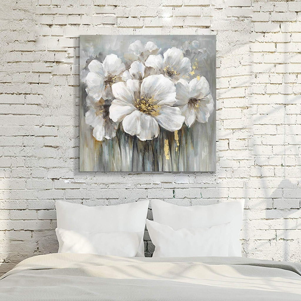 Large Flower Canvas Wall Art - Abstract Floral Painting White Blooming Floral Pictures Artwork Prints for Living Room Bedroom Home Office