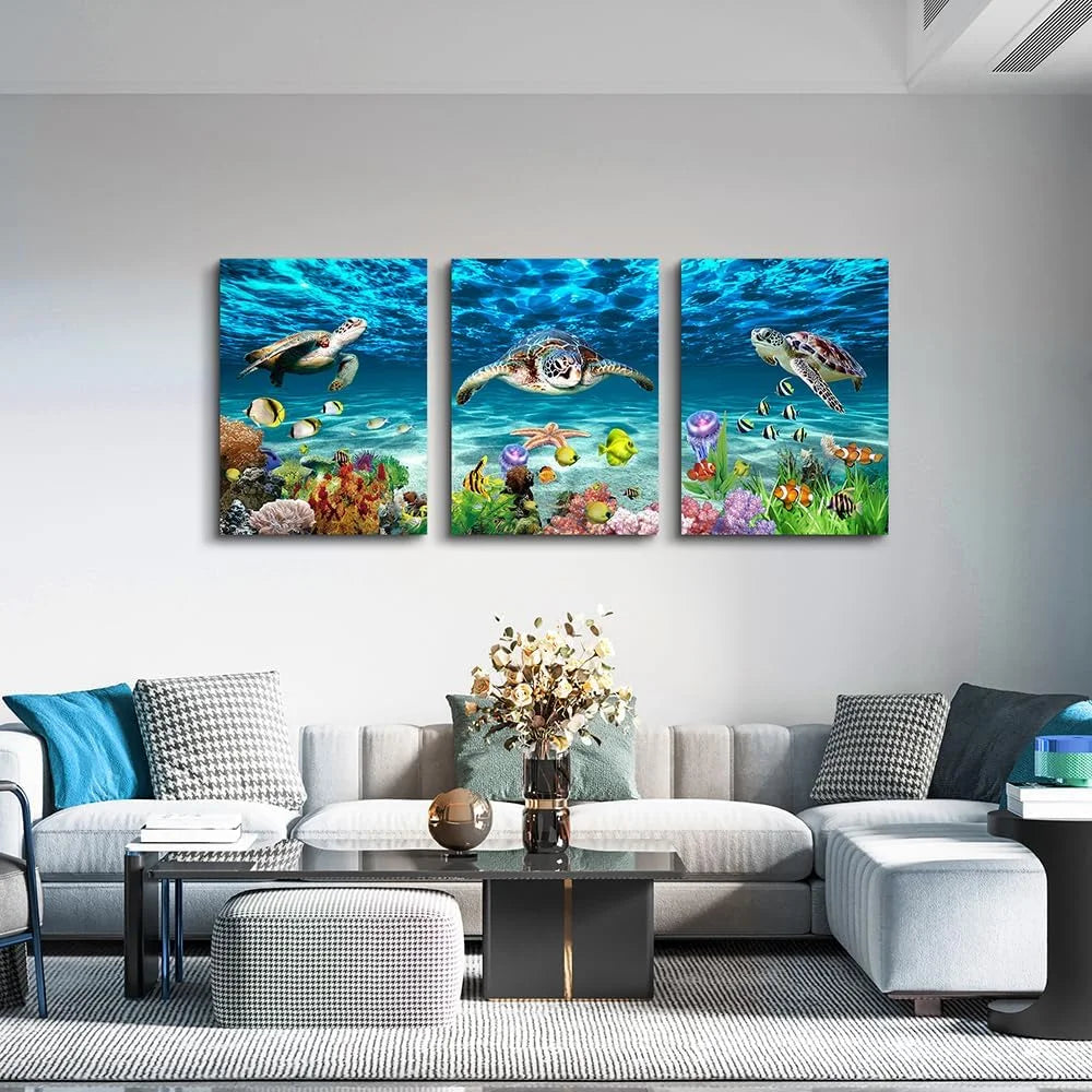Canvas Wall Art for Living Room Wall Decorations for Bedroom Modern Bathroom Wall Decor Blue Ocean Wall Painting Sea Turtle Wall Pictures Artwork Office Room Home Decor 12" X 16" 3 Piece