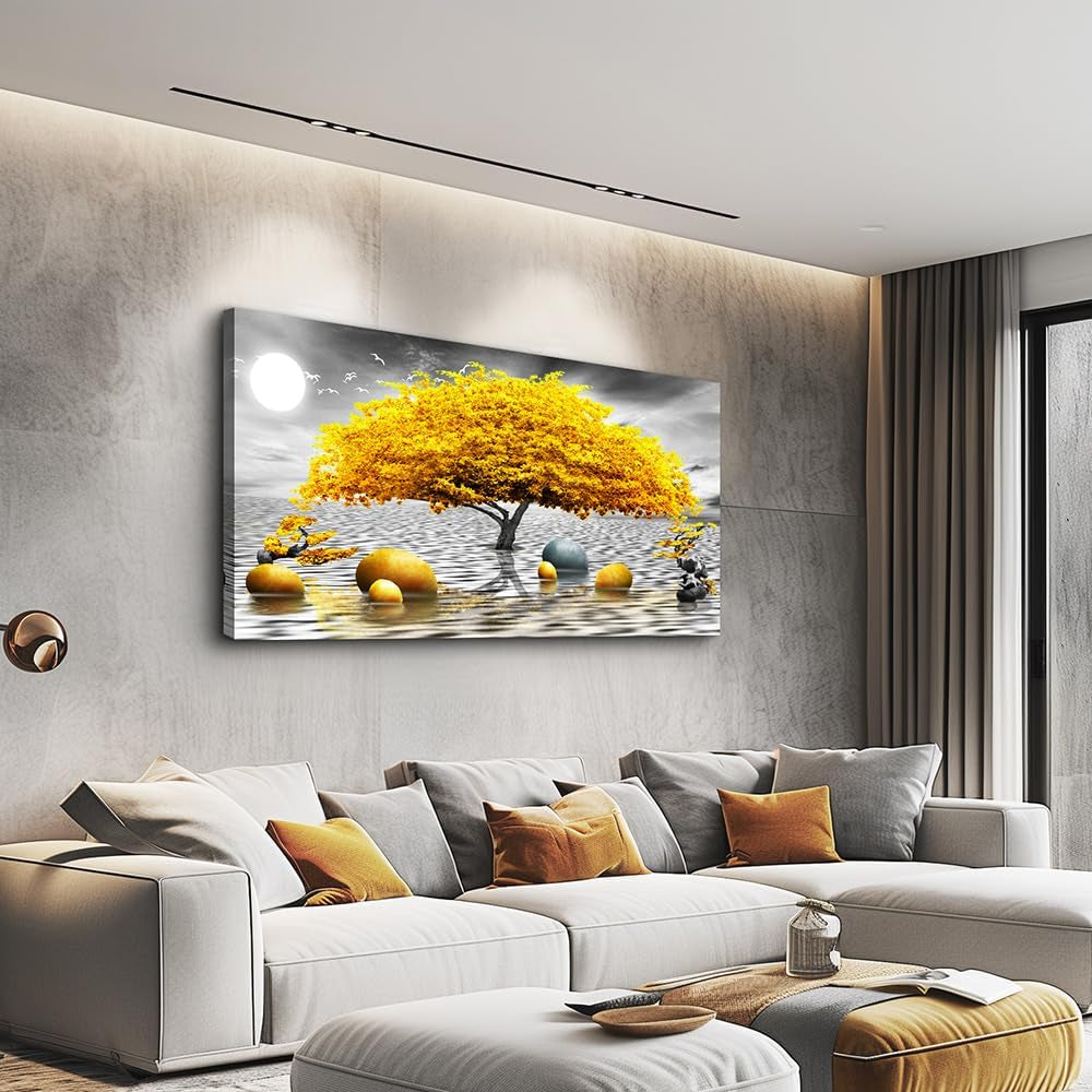 Wall Decorations for Living Room Canvas Wall Art for Bedroom Abstract Wall Decor Black and White Canvas Art Yellow Tree Paintings Bathroom Home Decoration Hang Pictures Office Large Wall Artworks