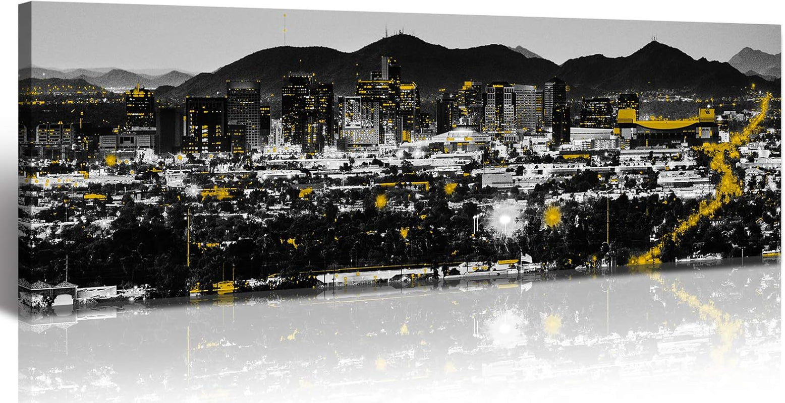 Phoenix Skyline Canvas Wall Art - Framed Arizona Cityscape Landscape (14X48 Inch) Black and White Yellow Modern Home Decor for Living Room, Bedroom, Office