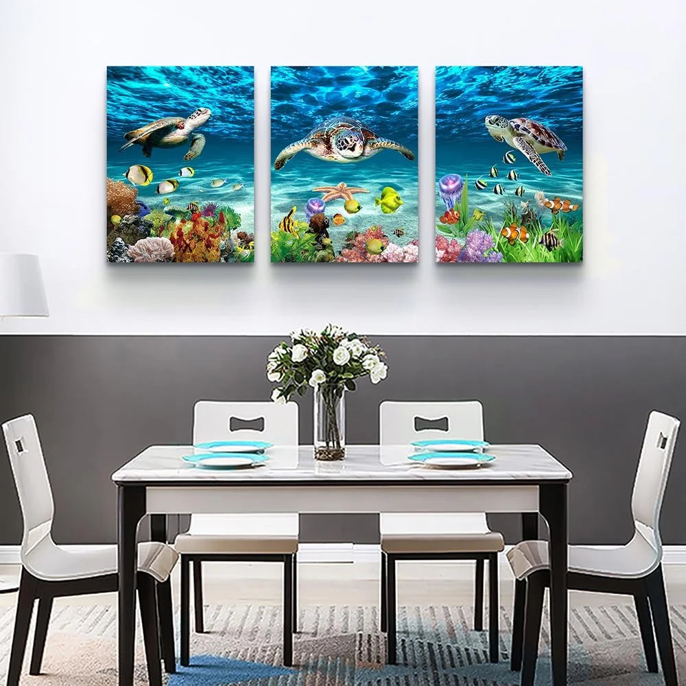 Canvas Wall Art for Living Room Wall Decorations for Bedroom Modern Bathroom Wall Decor Blue Ocean Wall Painting Sea Turtle Wall Pictures Artwork Office Room Home Decor 12" X 16" 3 Piece