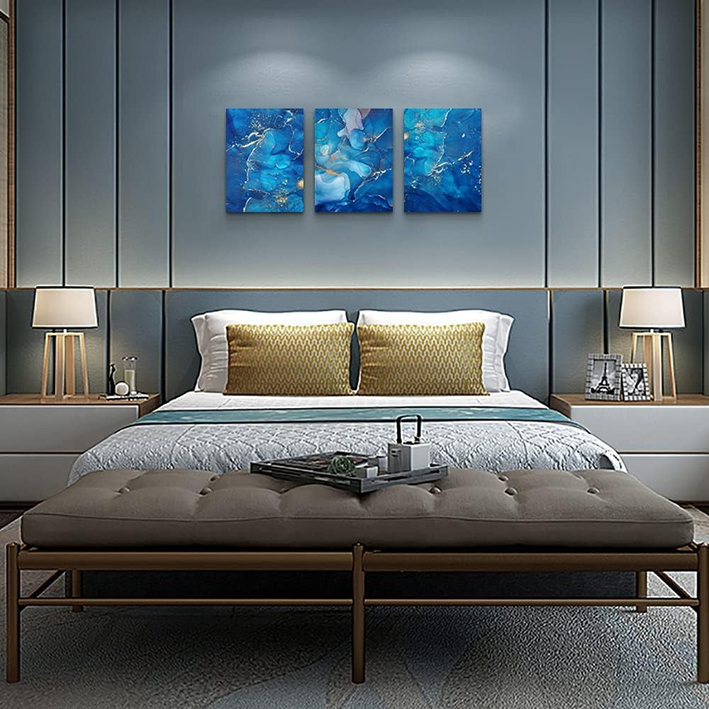 Canvas Wall Art for Living Room Wall Decorations for Bedroom Modern Bathroom Wall Decor Painting Blue Abstract Pictures Artwork Inspirational Canvas Art Prints Kitchen Home Decor 3 Pieces