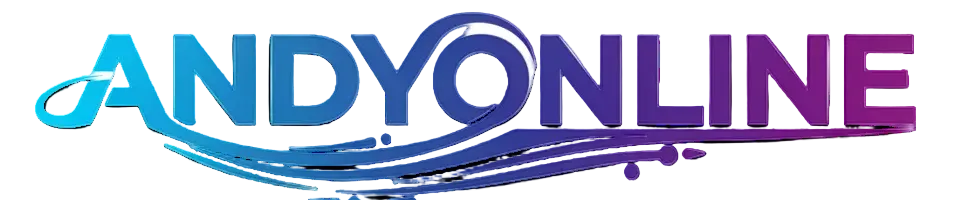 Logo of ANDYONLINE with blue and purple colors on a white background