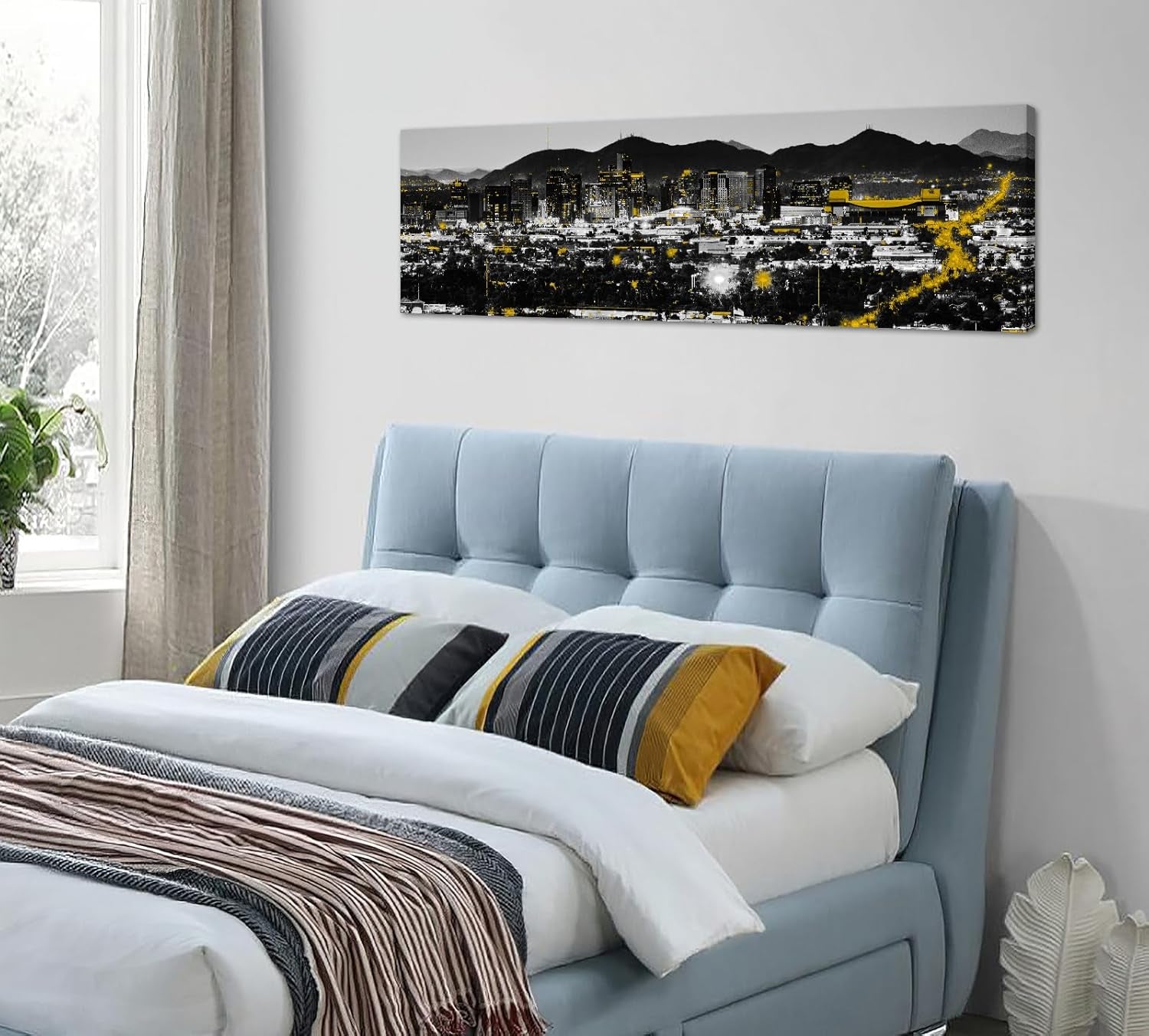 Phoenix Skyline Canvas Wall Art - Framed Arizona Cityscape Landscape (14X48 Inch) Black and White Yellow Modern Home Decor for Living Room, Bedroom, Office