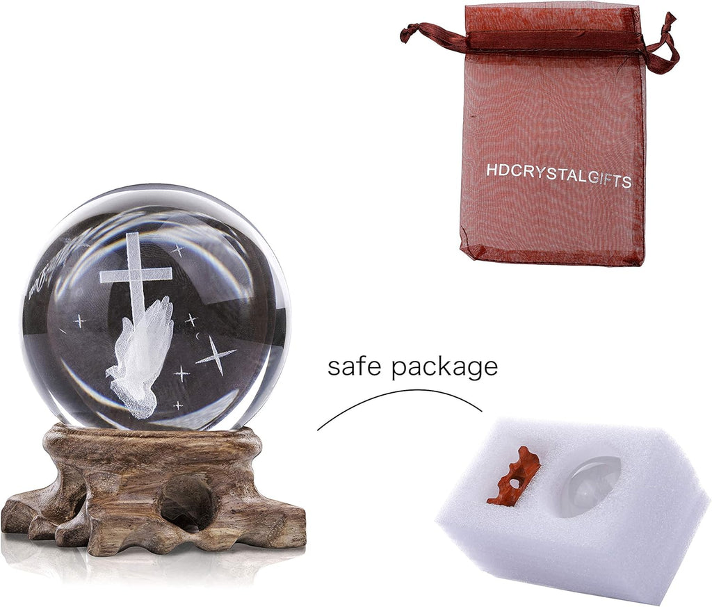 3D Cross Crystal Ball Paperweight Full Sphere Glass Fengshui with Woonden Base Praying Religious Gifts for Women Christian Home Decorations (60Mm)