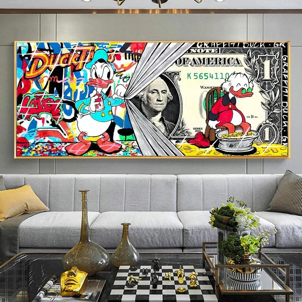Donald Duck Graffiti Art Paintings on the Wall Art Posters and Prints Dollar Money Street Art Pictures Home Wall Decor