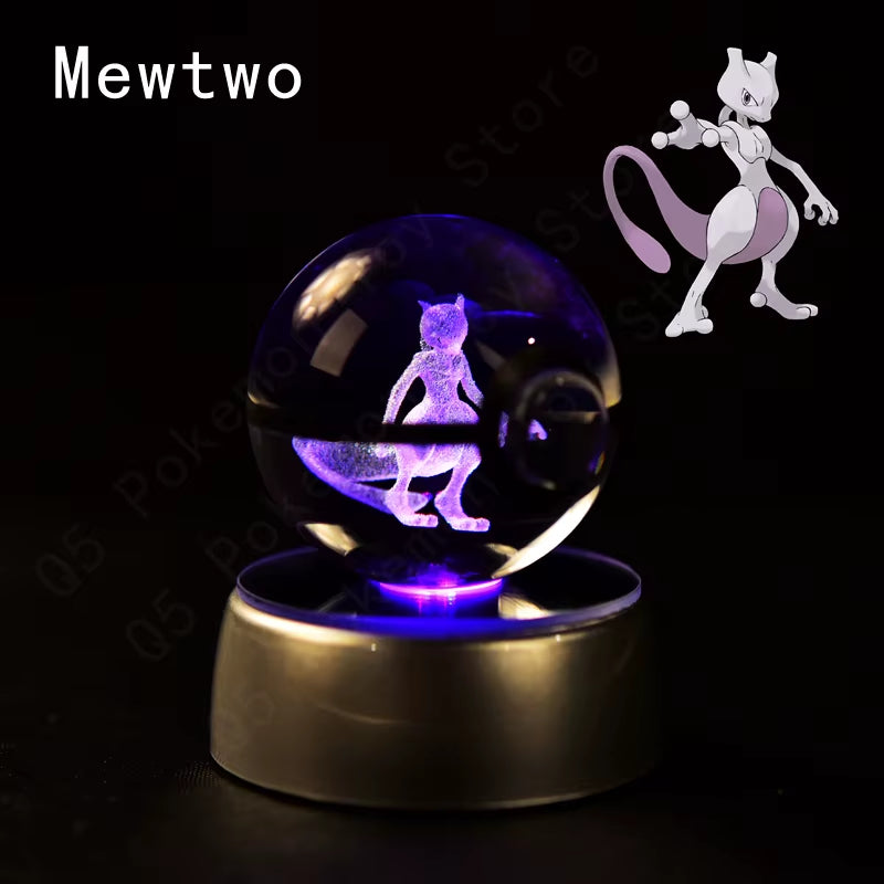 Pokemon Crystal Ball 3D Pikachu Mewtwo Mew Gengar Night Light Lamp Base Pokeball Crystal Pokemon Glass Ball Figure Birthday Gift