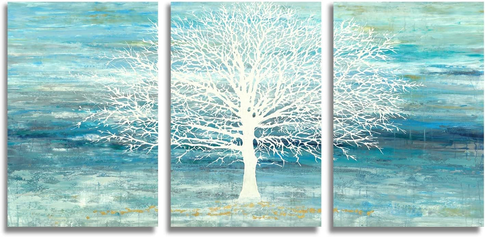 Teal and Blue Canvas Wall Art - White Tree Paintings with Gold Foil - 3 Pieces Landscape Pictures for Living Room Bedroom Bathroom Decor