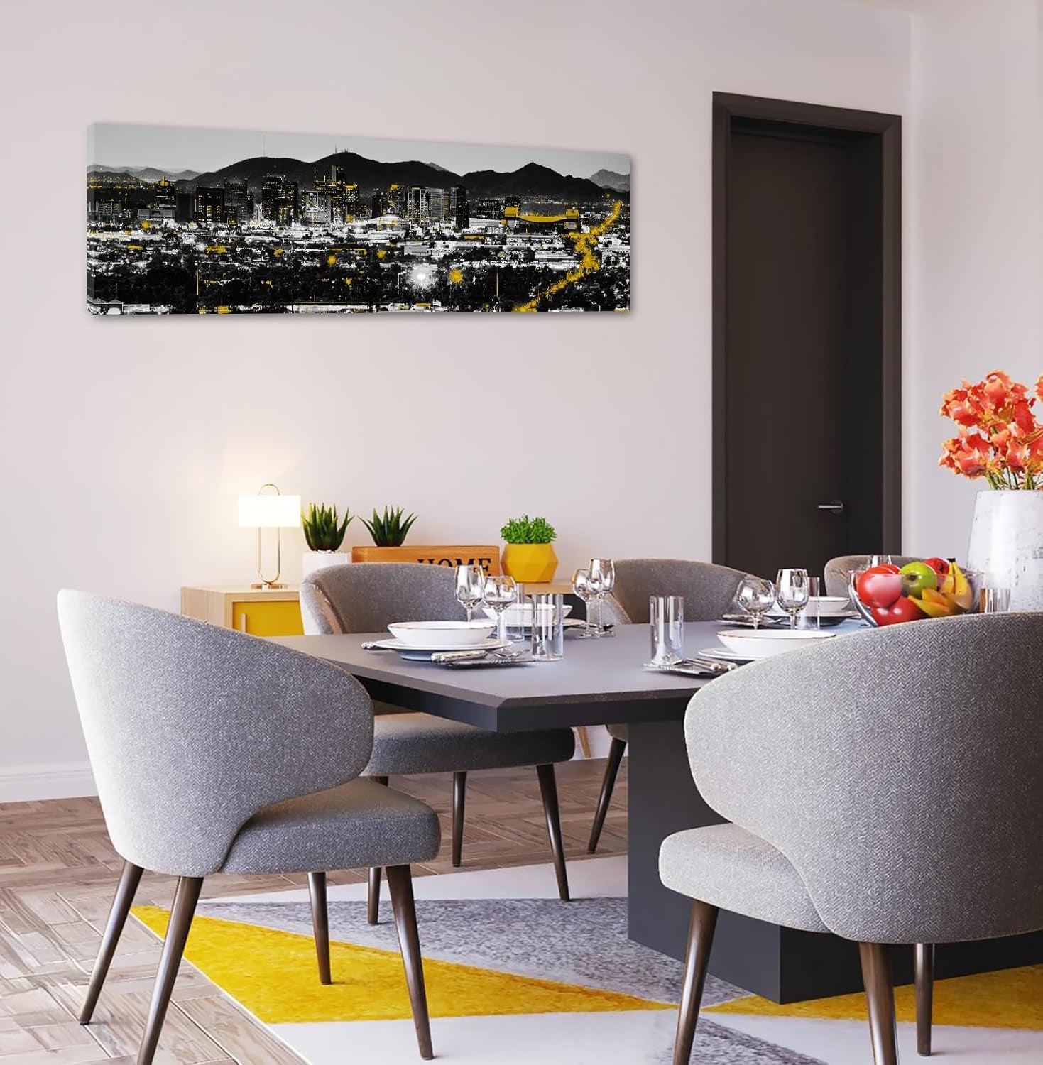 Phoenix Skyline Canvas Wall Art - Framed Arizona Cityscape Landscape (14X48 Inch) Black and White Yellow Modern Home Decor for Living Room, Bedroom, Office
