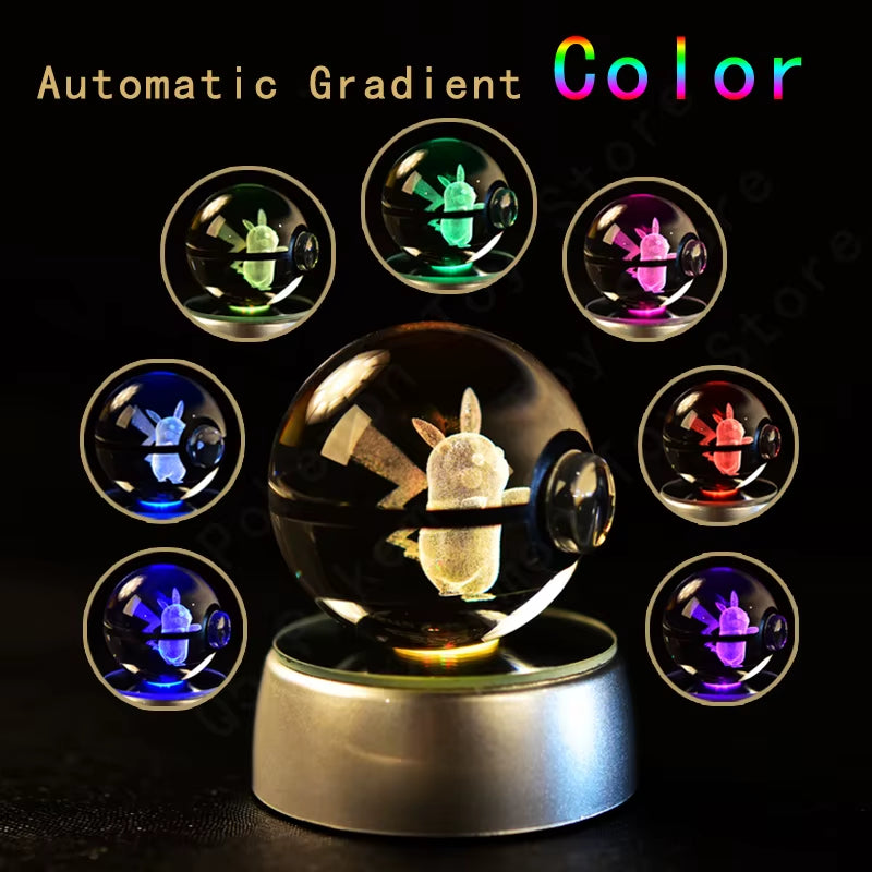 Pokemon Crystal Ball 3D Pikachu Mewtwo Mew Gengar Night Light Lamp Base Pokeball Crystal Pokemon Glass Ball Figure Birthday Gift
