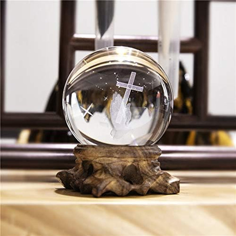 3D Cross Crystal Ball Paperweight Full Sphere Glass Fengshui with Woonden Base Praying Religious Gifts for Women Christian Home Decorations (60Mm)
