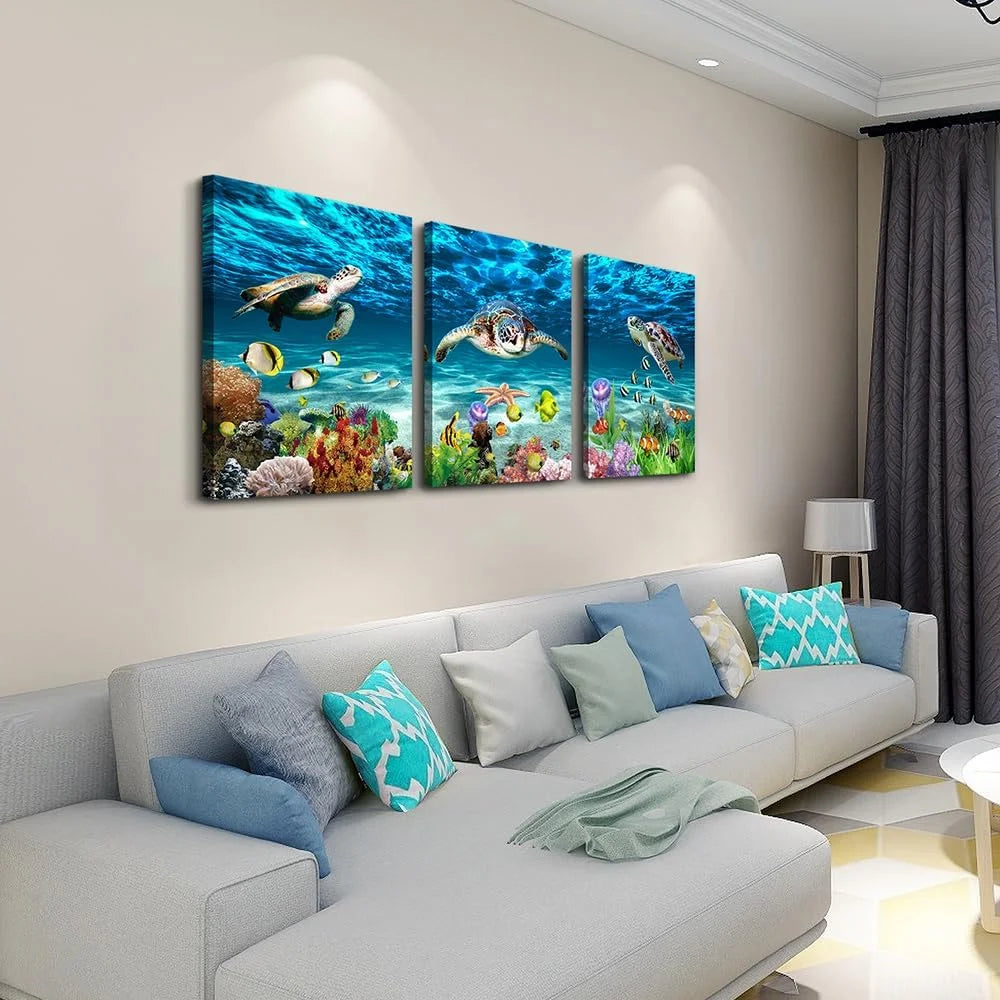 Canvas Wall Art for Living Room Wall Decorations for Bedroom Modern Bathroom Wall Decor Blue Ocean Wall Painting Sea Turtle Wall Pictures Artwork Office Room Home Decor 12" X 16" 3 Piece