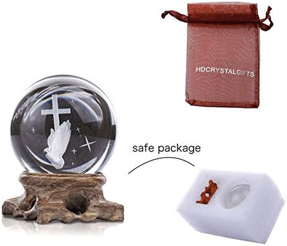3D Cross Crystal Ball Paperweight Full Sphere Glass Fengshui with Woonden Base Praying Religious Gifts for Women Christian Home Decorations (60Mm)