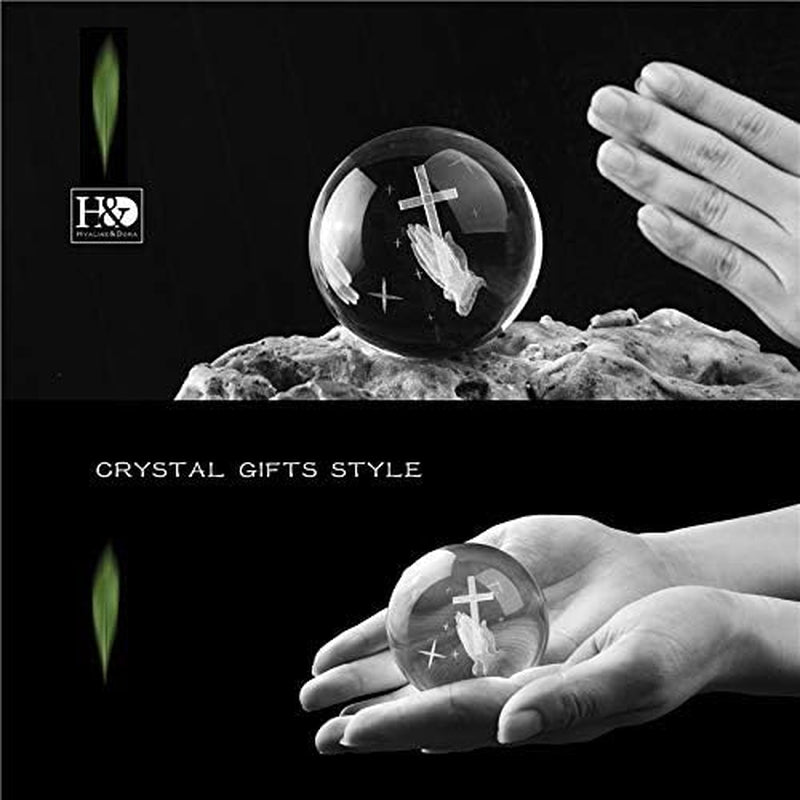 3D Cross Crystal Ball Paperweight Full Sphere Glass Fengshui with Woonden Base Praying Religious Gifts for Women Christian Home Decorations (60Mm)
